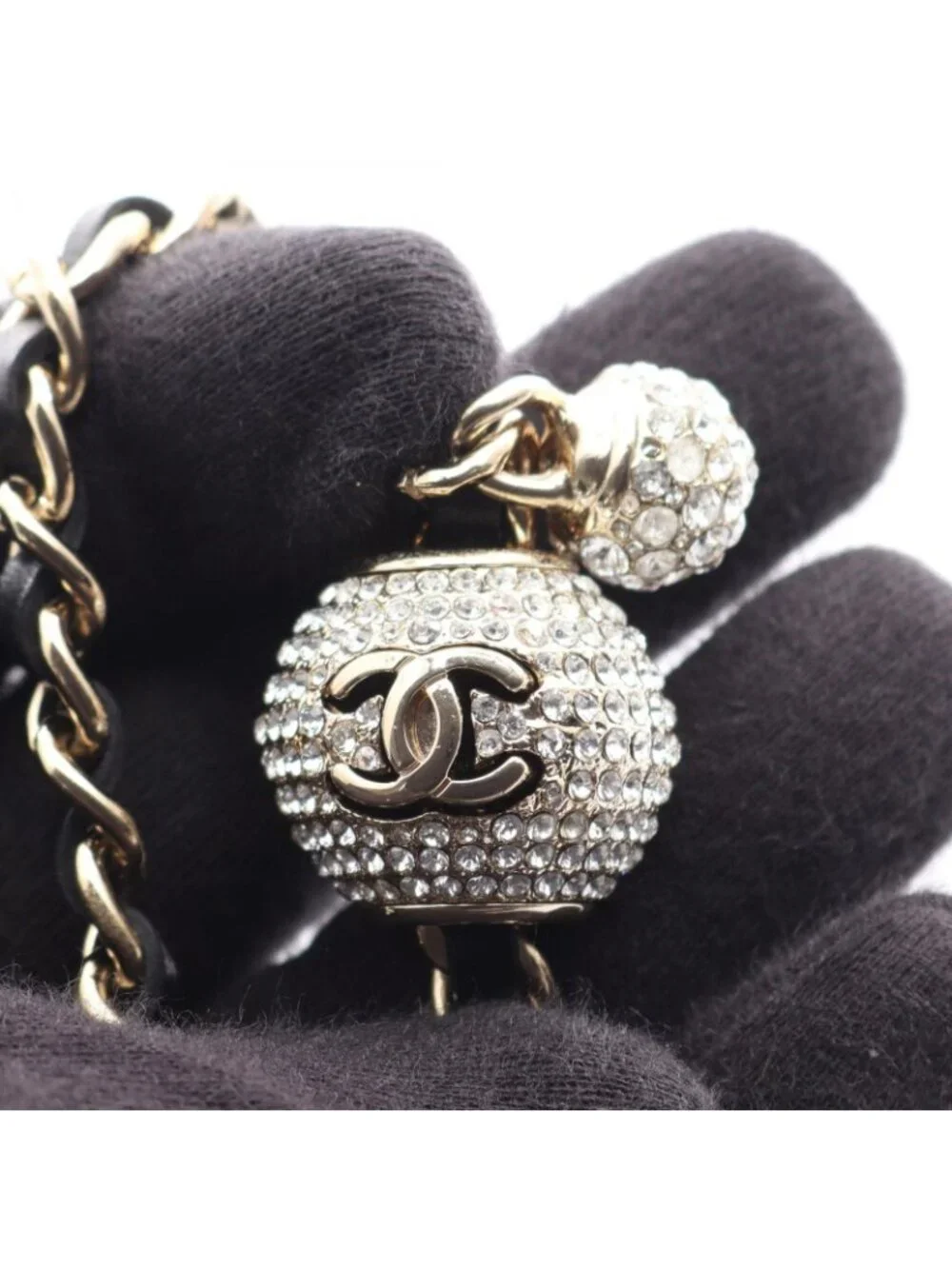 Chanel Shoulder Bag Quilted Rhinestone Black Fabric Chain Wallet